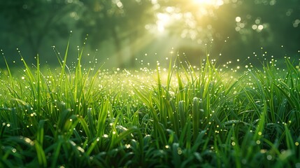 Green grass, thin blades of grass, sunlight coming through the blades, beautiful Tyndall light