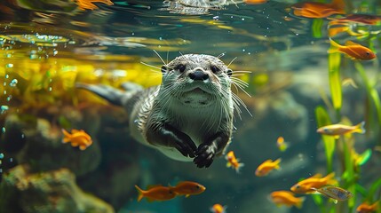 Otter Swimming Upwards Through a School of Goldfish