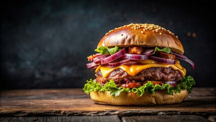 Delicious burger with bacon, cheese and onion on dark background, burger, delicious, bacon, cheese, onion, dark background, fast food