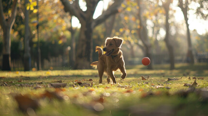 Wall Mural - Dog playing fetch with a ball in a park