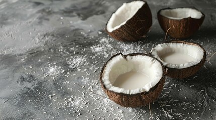 Wall Mural - Coconut milk and flesh in coconut shell and half coconut on a grey surface