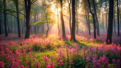 Wall Mural - Gentle dawn in the mysterious thickets of wild forest nature with pink flowers, forest, nature, wilderness, tranquil