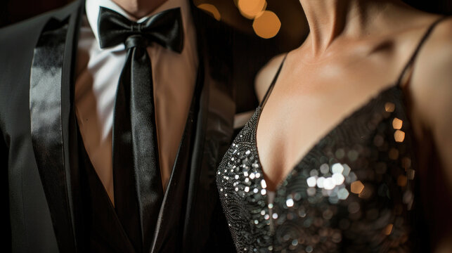 Elegant evening attire with a black tie and formal gown
