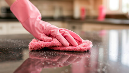 Person washing countertop with pink cloth