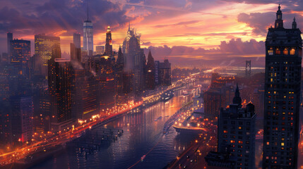 Wall Mural - Evening skyline with city lights and bustling streets