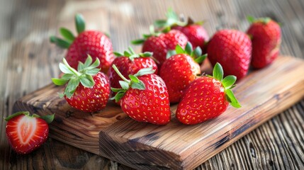 Wall Mural - Freshly picked strawberries on a wooden board