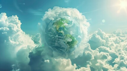 Green globe in clouds, Green world map earth planet on clouds against sky backgrounds, environment protection, earth family protection, Earth Day background with copy space. Generative AI