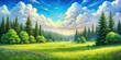 © surapong - Scenic summer green grass meadow with enchanting pine forest glade and fluffy clouds in watercolor style , tranquil