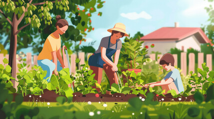 Family gardening together in their backyard on a weekend