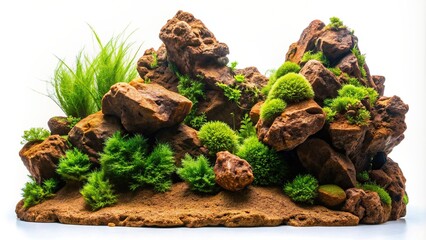 Wall Mural - Isolated background photo of brown rocks with moss for aquarium decor, aquarium, brown rocks, moss, isolated, background