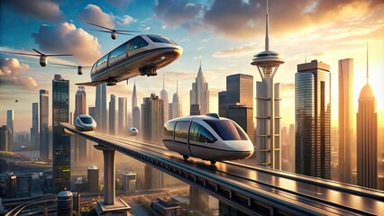 Wall Mural - Futuristic cityscape with sleek flying machines for public transport, metropolis, future, city, skyline