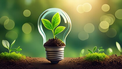 Green energy concept. Light bulb with soil and green plant sprout inside. Ecology and environment sustainable resources conservation background