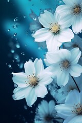 Wall Mural - White blossom in blue water with waterdrops. Blooming sakura branch on blue background with copy space. Spring flowers with bokeh lights for design poster, greeting card, banner 