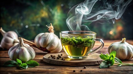 Wall Mural - Mystical healers Green tea and garlic on a journey through a clogged artery to promote health, green tea, garlic, nature