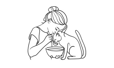 Wall Mural - Girl feeding cat from spoon continuous line art drawing isolated on white background. Vector illustration