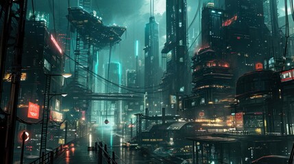 Close-up street view of a futuristic city cyberpunk.