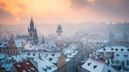 Wall Mural - Beautiful historical buildings in winter with snow and fog in Prague city in Czech Republic in Europe.