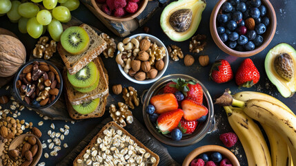 Healthy breakfast spread with whole grain toast, fruit, and nuts