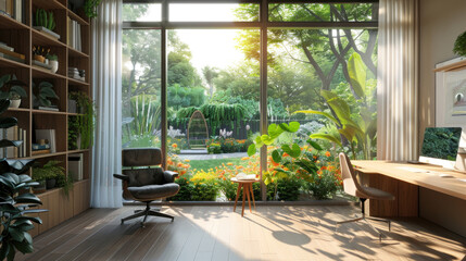 Wall Mural - Home office with a serene garden view and natural light