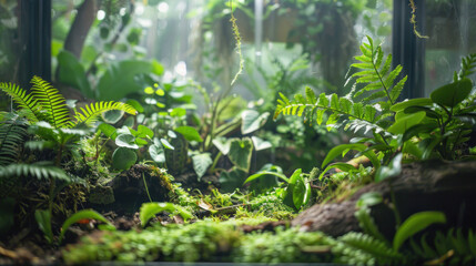 Indoor terrarium with ferns and small plants