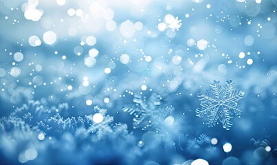 Wall Mural - Winter Wonderland with Falling Snowflakes and Bokeh Lights, Blue Background for Christmas or New Year