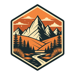 Wall Mural - Hiking view sticker design, vintage retro-style front view mountain and forest illustration for t-shirt design