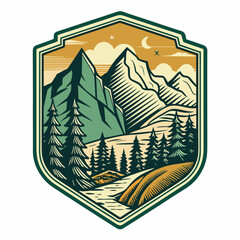 Wall Mural - Hiking view sticker design, vintage retro-style front view mountain and forest illustration for t-shirt design