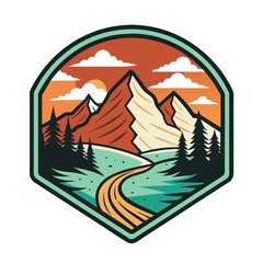 Wall Mural - Hiking view sticker design, vintage retro-style front view mountain and forest illustration for t-shirt design