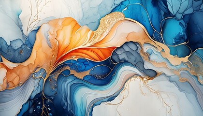 Wall Mural - Marble ink abstract art background. Luxury abstract fluid art painting in alcohol ink technique, mixture of blue, orange and gold paints. AI generative