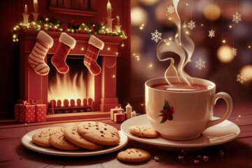 Wall Mural - A cup of hot chocolate with cookies and a fireplace in the background, AI