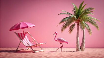 Wall Mural - Summer beach vibes with a beach chair, pink flamingo, and palm tree on pink background, beach chair, pink flamingo