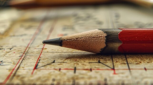 Red pencil and drafting tools in close-up shot.
