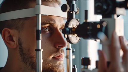 Optometrist uses laser machine to examine man's eye for retina disease, ensuring eyesight and medical insurance coverage.