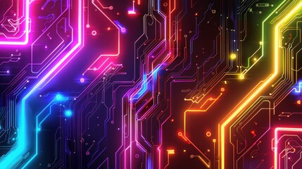 Wall Mural - Background circuit board digital technology rainbow lines neon modern AI generated image