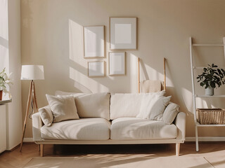 Wall Mural - Bright Scandinavian d?cor showcases a beige sofa amidst posters and a white lamp