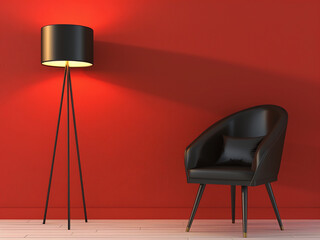 Wall Mural - Stylish relaxation area black chair, accentuated by light red wall and lamp