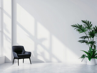 Poster - White interior setting black chair adorned with houseplants