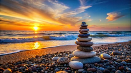 Wall Mural - Pyramid of pebbles on beach at sunset, beach, ocean, shore, rocks, stones, pyramid, sunset, dusk, horizon, serene