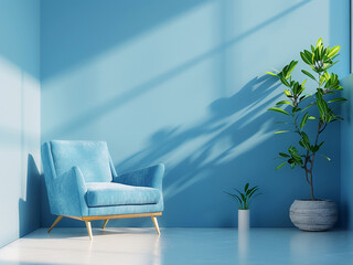 Wall Mural - 3D rendering showcases a cozy living room with a blue theme, complete with an armchair and plant