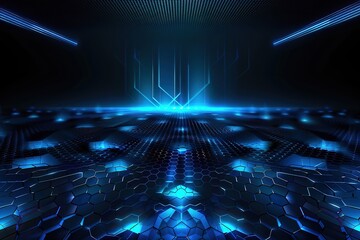 Poster - Futuristic neon hexagonal grid with bright central dot - abstract technology background