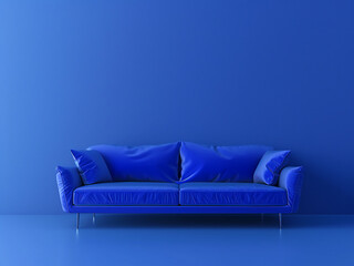 Wall Mural - A 3D rendering mock-up displays a blue sofa against a blue wall backdrop