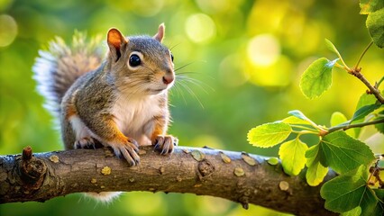 Wall Mural - A cute squirrel perched on a leafy tree branch, squirrel, tree, wildlife, nature, rodent, furry, cute, animal, outdoors