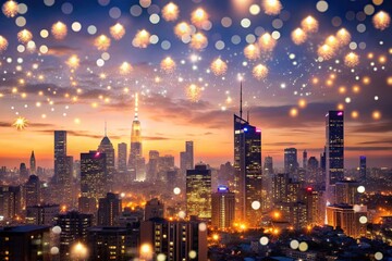 Wall Mural - City skyline at twilight with sparkling lights creating a magical atmosphere, twilight, skyline, city, lights, buildings
