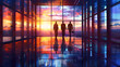 © Erika - tres empresarios caminando por la oficina al atardecer empresa y corporativo dentro de un edificio con grandes ventanales asisitiendo a una junta de negocios