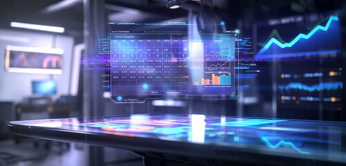 Wall Mural - A holographic projection of a content calendar and marketing metrics, floating over a high-tech table in a futuristic setting.