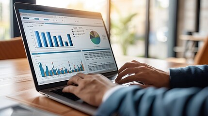 Poster - Businessman Analyzing Data Graph Chart Dashboard on Laptop Screen in Office, Financial Software for Social Media Marketing or Market Research