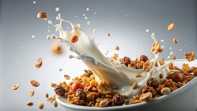Crispy granola cereals falling into a milk splash, granola, cereals, milk, splash, falling, slow motion, macro