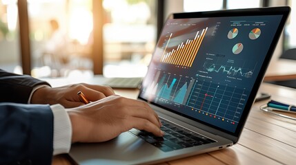 Poster - Businessman Analyzing Data Graph Chart Dashboard on Laptop Screen in Office, Financial Software for Social Media Marketing or Market Research