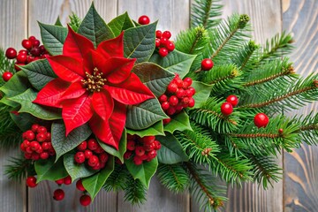 Wall Mural - Festive red poinsettia flowers surrounded by evergreen branches and holly berries, poinsettia, Christmas
