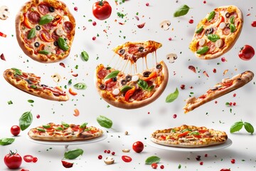 Set with delicious pizzas and flying ingredients on white background  banner design